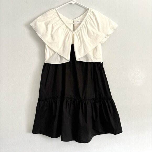 NEW Zara Black and White Colorblock Ruffled Poplin Dress Girls Size 11-12 - Picture 1 of 9